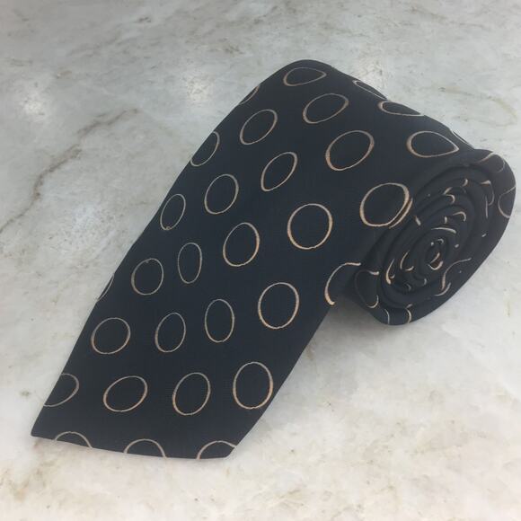 CALVIN KLEIN GOLD AND SILVER RINGS ON BLACK ALL SILK NECKTIE - Picture 12 of 12